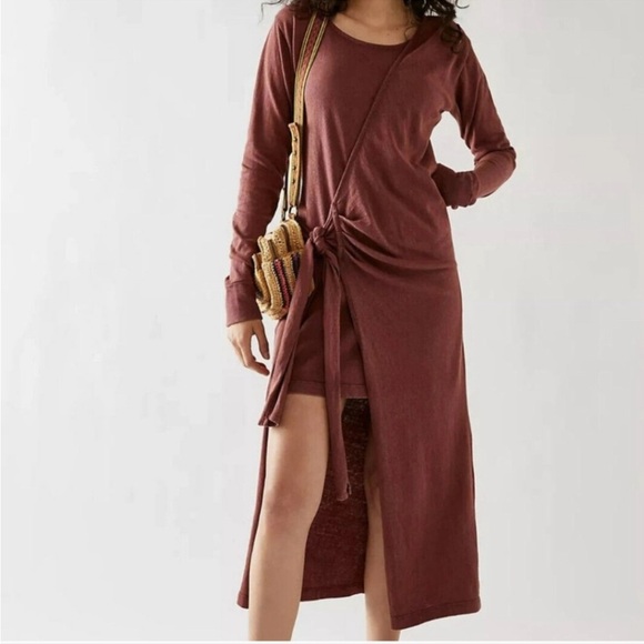 FREE PEOPLE Molly Longsleeve Side Tie Boho Cozy Ribbed Asymmetrical Midi Dress - Picture 1 of 10